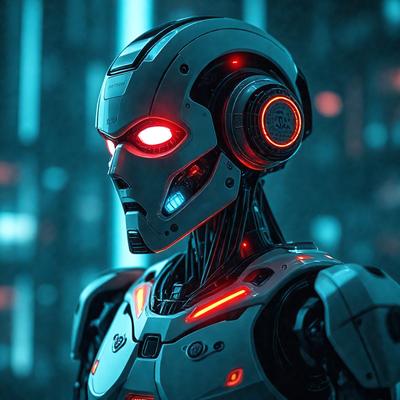The primary subject of the image is a futuristic robot with a metallic appearance. The robot is wearing a helmet and has a glowing red eye, giving it a menacing and technological look. The setting is a dark room with a backdrop of a cityscape, which adds to the robot's futuristic atmosphere. The visual style of the image is a combination of photo and digital art, creating a unique and intriguing scene. The colors and mood of the image are predominantly dark and mysterious, with the red eye of the robot being the most prominent and eye-catching feature.